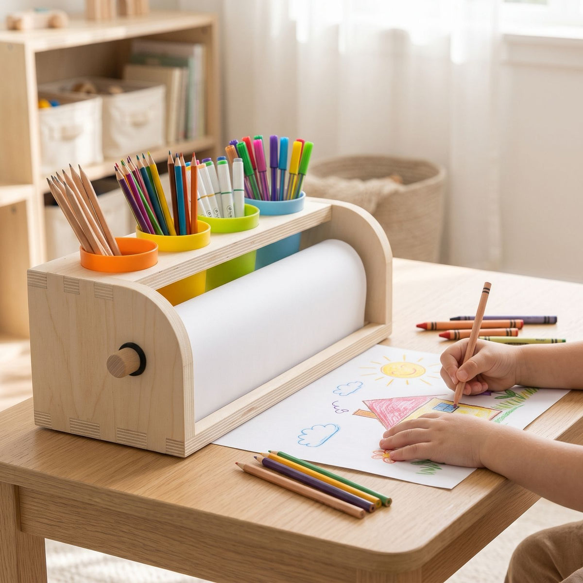 Wooden Tabletop Paper Roll Dispenser with Safety Sliding Cutter
