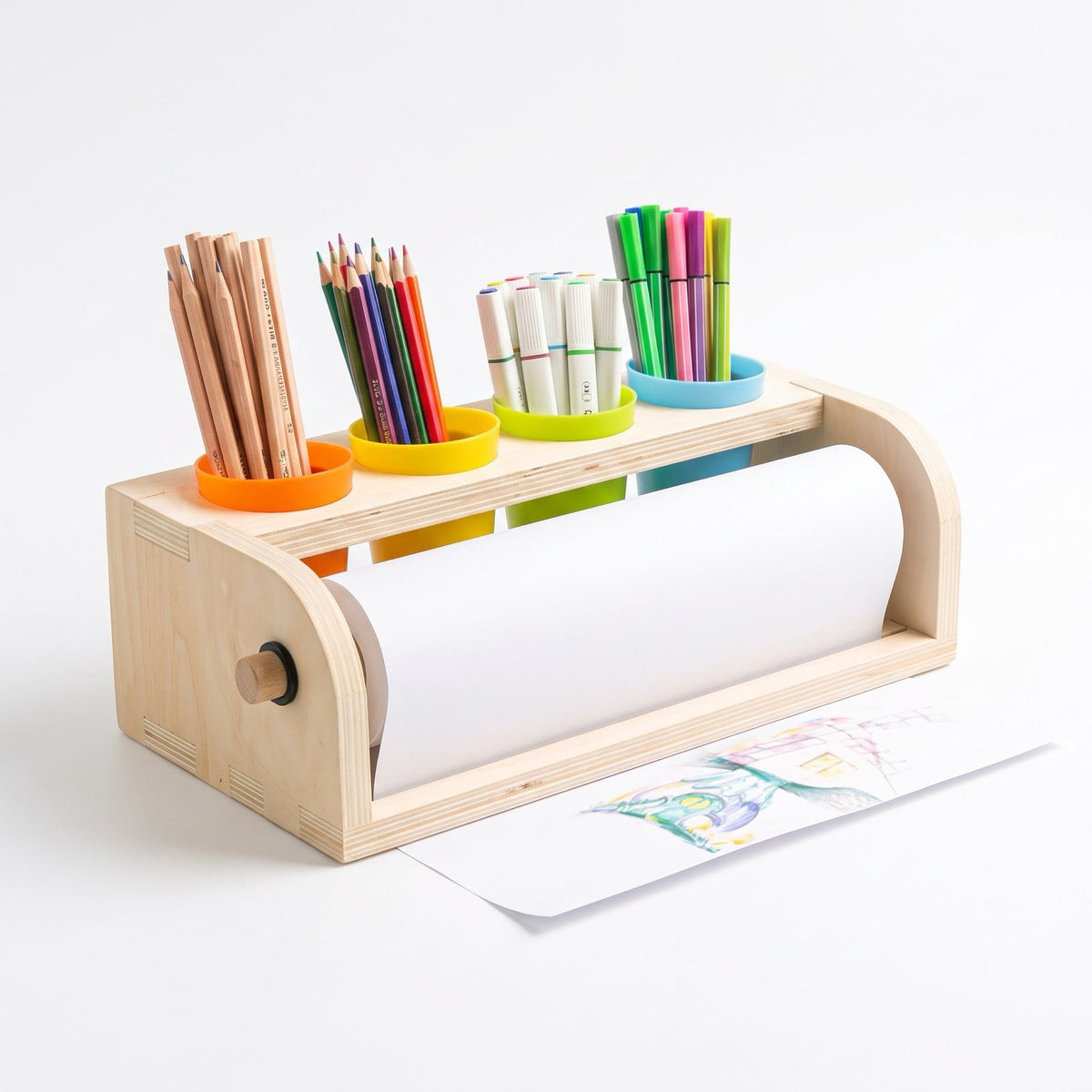 Wooden Tabletop Paper Roll Dispenser with Safety Sliding Cutter