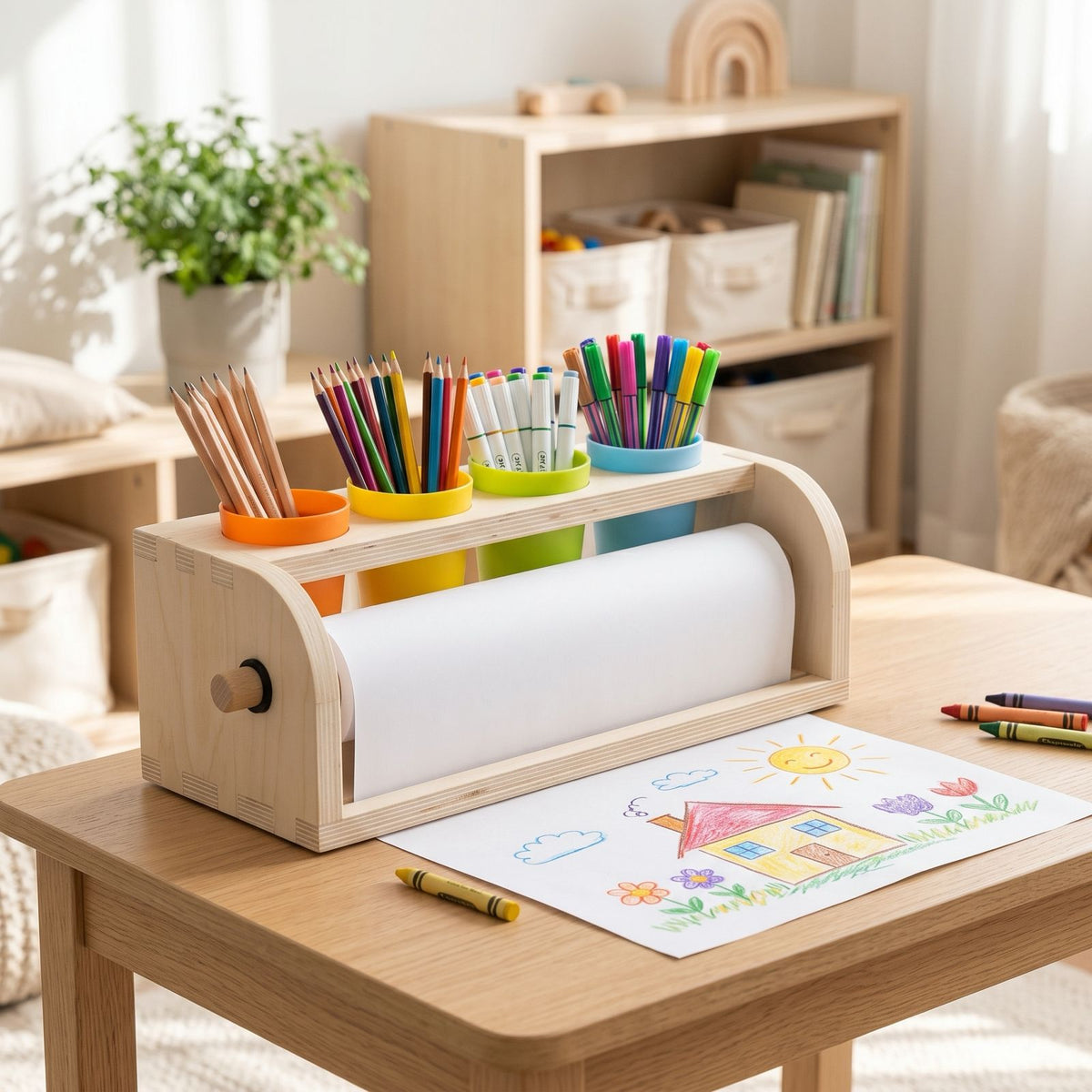 Wooden Tabletop Paper Roll Dispenser with Safety Sliding Cutter