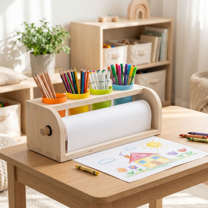 Wooden Tabletop Paper Roll Dispenser with Safety Sliding Cutter